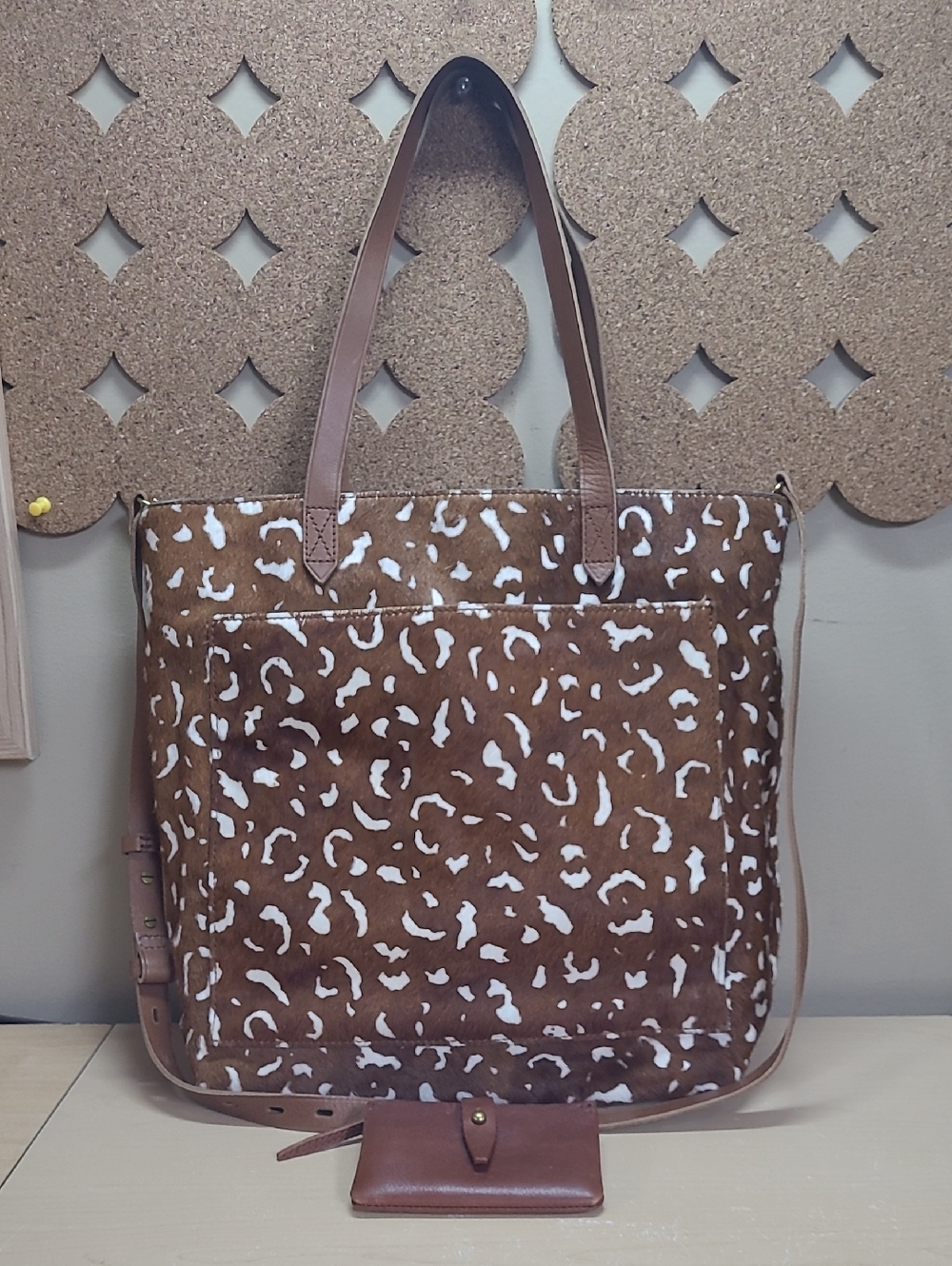 Madewell Printed Calf-Hair Medium Tote Pecan Like New *Bonus Zip Card Case